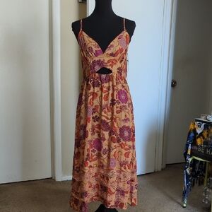 Elegant Floral Midi Dress - Purple and Orange
